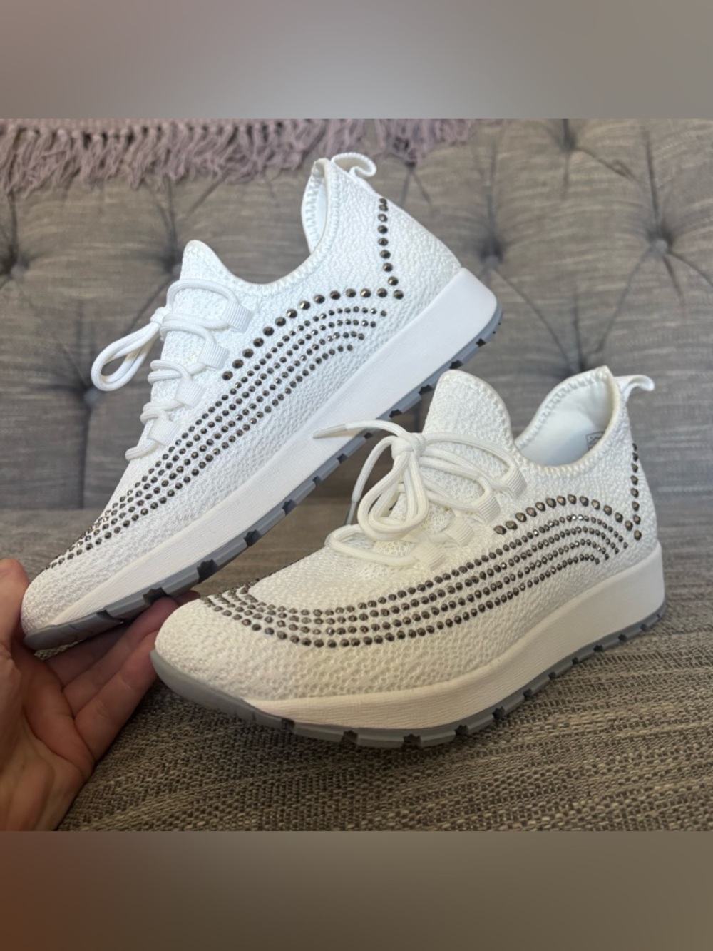 bernie mev. White Knit Slip-Ons with Gunmetal Rhinestone Accents